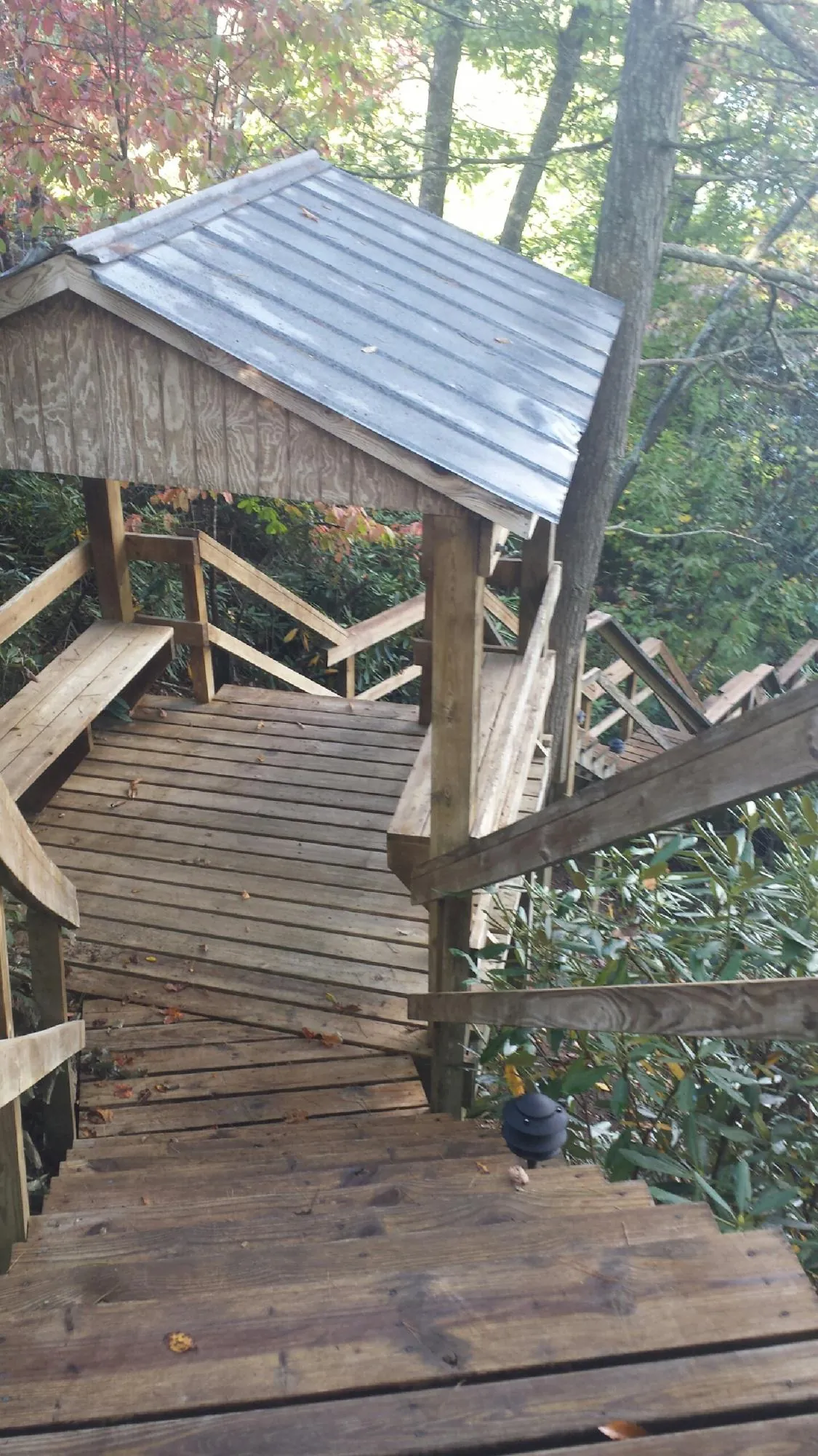 Metal roofed shelter over wooden steps on a wooded walkway — Skylight Repair & Installation work by our crew in Elon